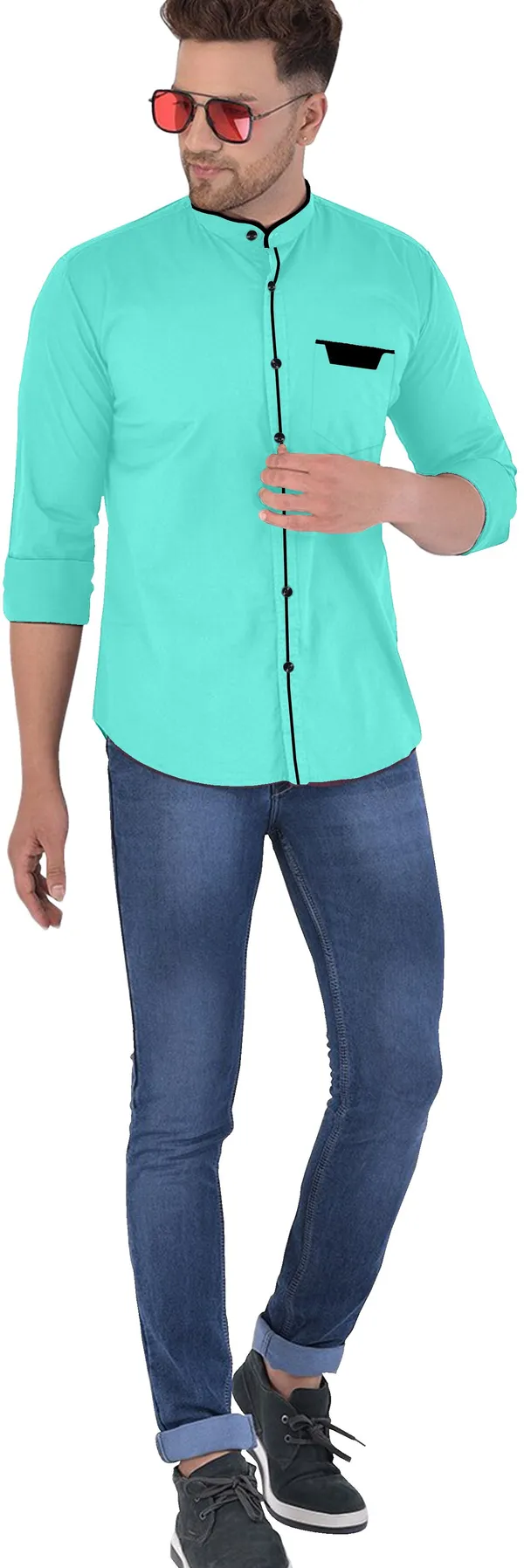 Light_Blue_Cotton_Blend_Regular_Fit_Full_Sleeve_Solid_Long_Shirt_For_Men