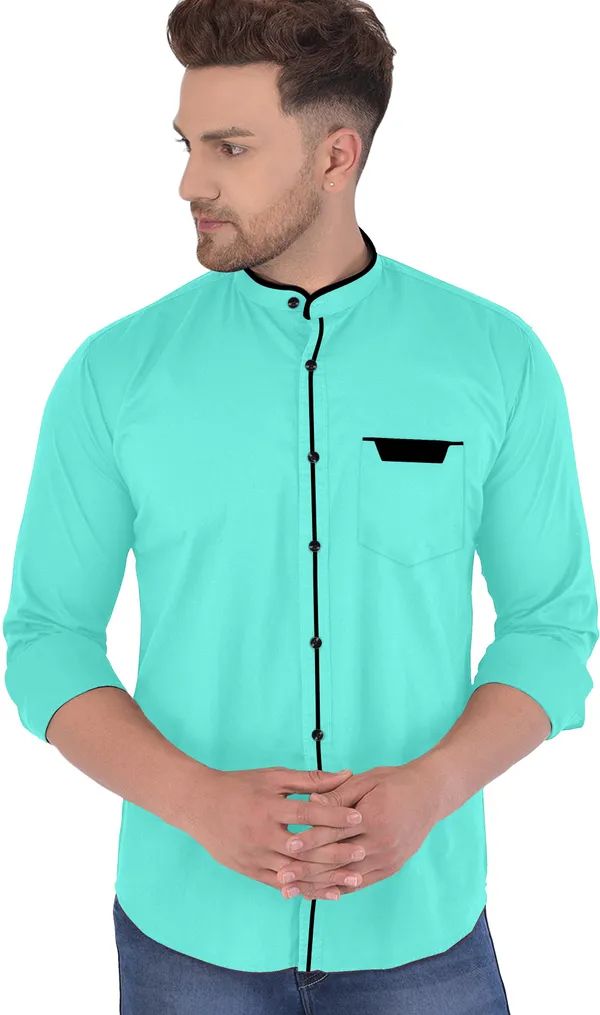 Light_Blue_Cotton_Blend_Regular_Fit_Full_Sleeve_Solid_Long_Shirt_For_Men