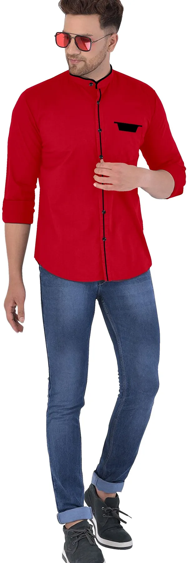 Red_Cotton_Blend_Regular_Fit_Full_Sleeve_Solid_Long_Shirt_For_Men