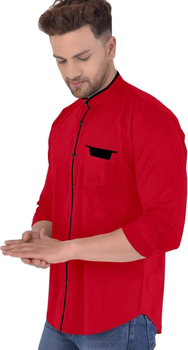 Red_Cotton_Blend_Regular_Fit_Full_Sleeve_Solid_Long_Shirt_For_Men