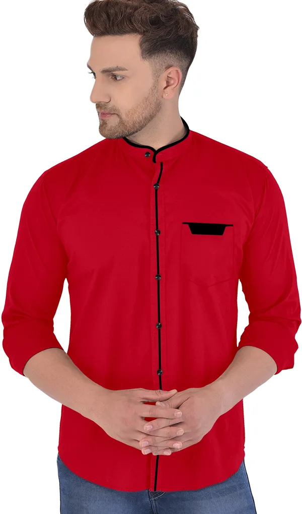 Red_Cotton_Blend_Regular_Fit_Full_Sleeve_Solid_Long_Shirt_For_Men