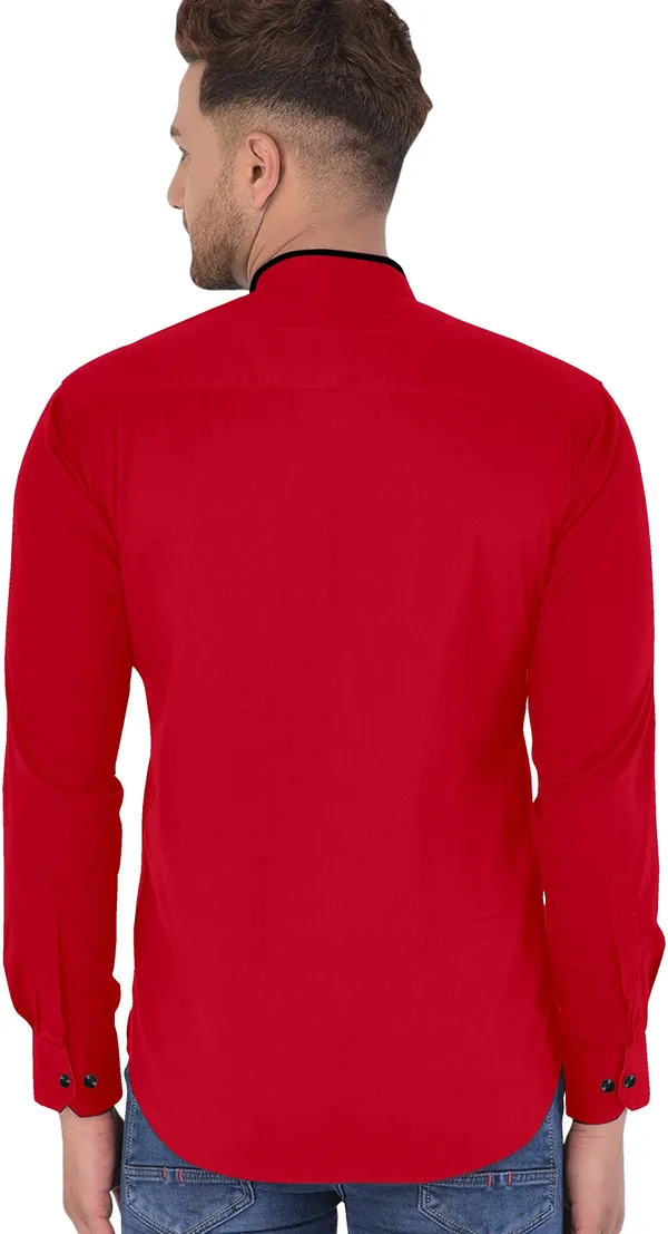 Red_Cotton_Blend_Regular_Fit_Full_Sleeve_Solid_Long_Shirt_For_Men