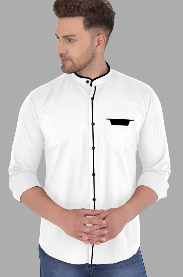 White_Cotton_Blend_Regular_Fit_Full_Sleeve_Solid_Long_Shirt_For_Men