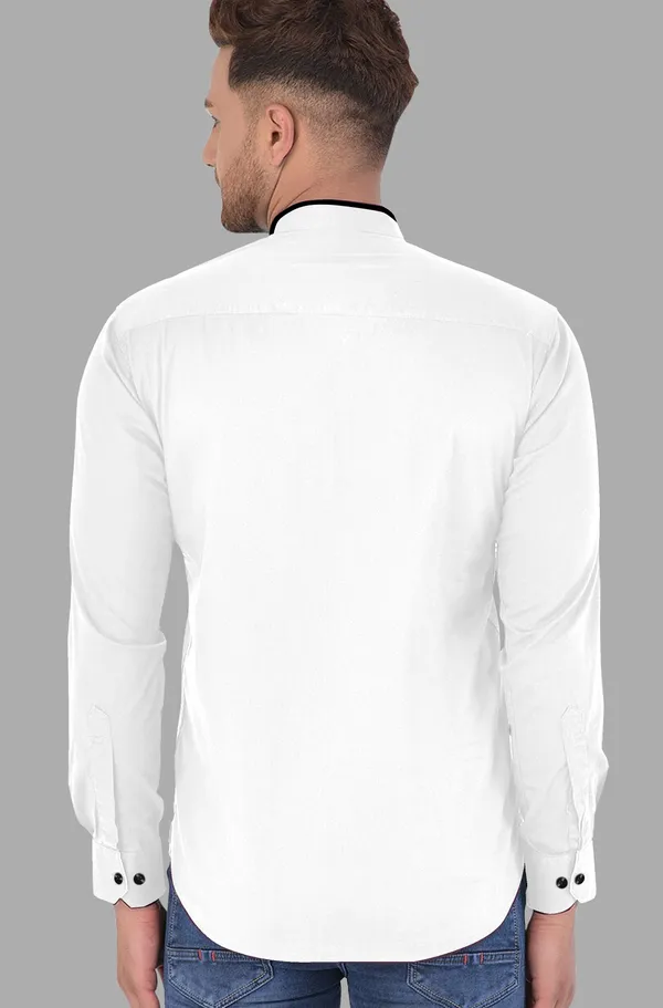 White_Cotton_Blend_Regular_Fit_Full_Sleeve_Solid_Long_Shirt_For_Men
