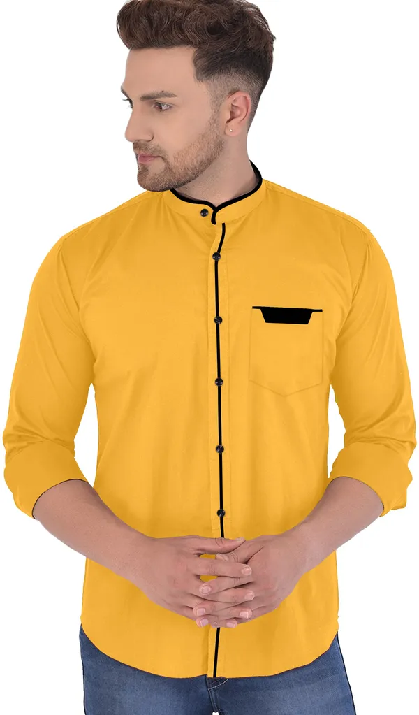 Yellow_Cotton_Blend_Regular_Fit_Full_Sleeve_Solid_Long_Shirt_For_Men