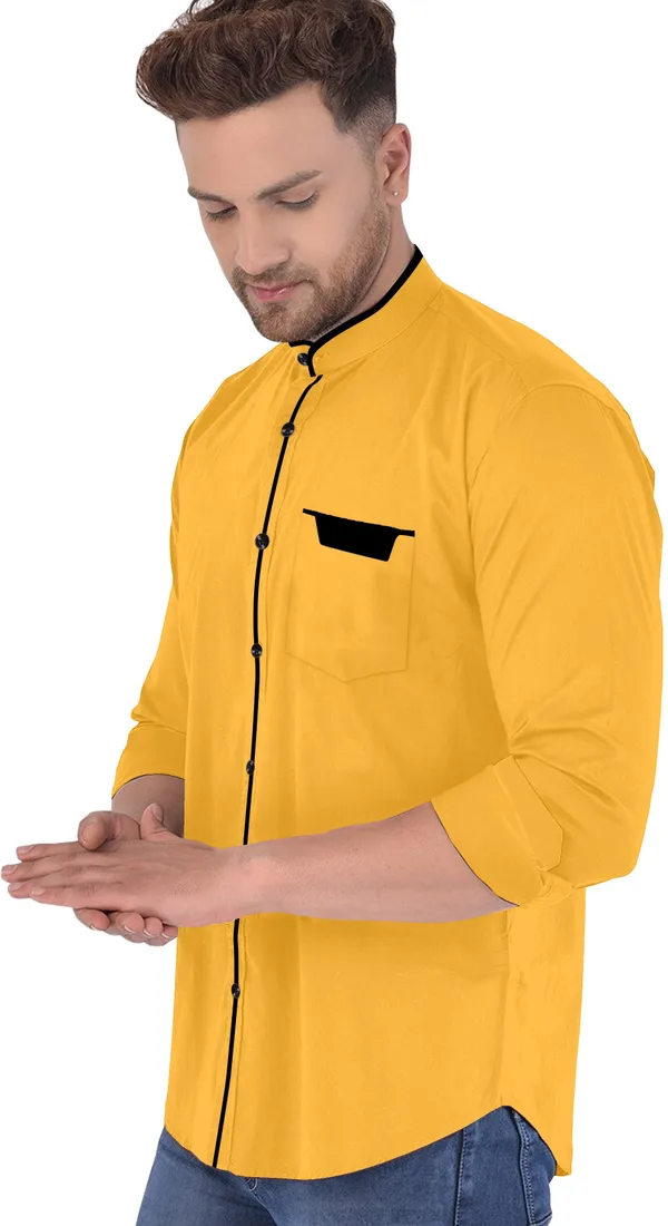 Yellow_Cotton_Blend_Regular_Fit_Full_Sleeve_Solid_Long_Shirt_For_Men