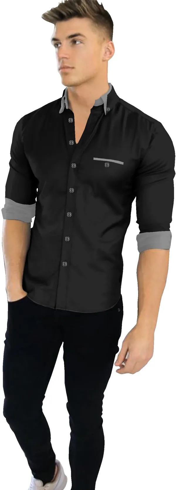 Black_Cotton_Blend_Regular_Fit_Full_Sleeve_Solid_Long_Shirt_For_Men