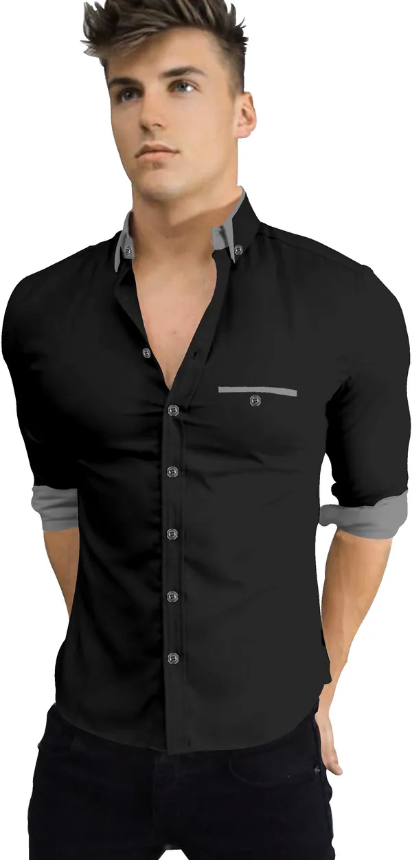 Black_Cotton_Blend_Regular_Fit_Full_Sleeve_Solid_Long_Shirt_For_Men