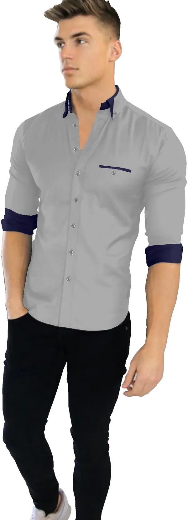Grey_Cotton_Blend_Regular_Fit_Full_Sleeve_Solid_Long_Shirt_For_Men