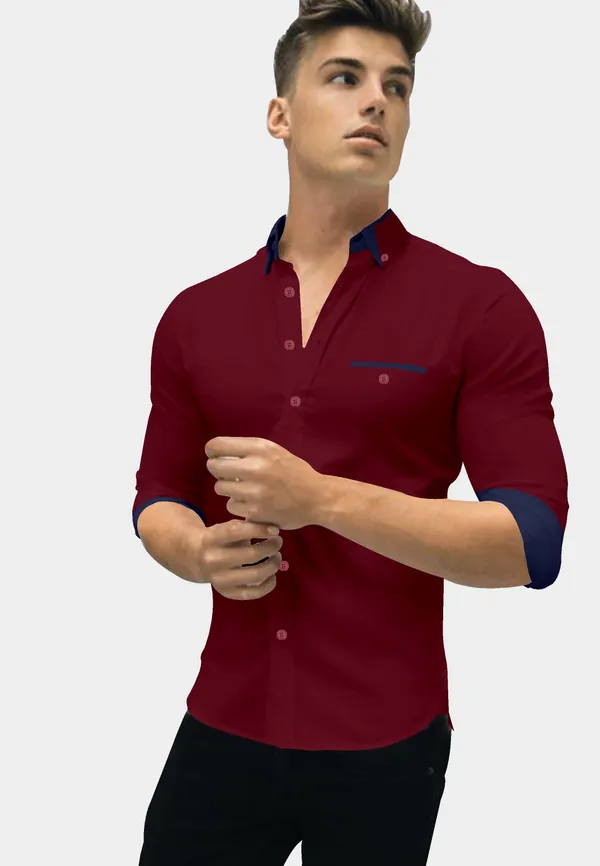 Maroon_Cotton_Blend_Regular_Fit_Full_Sleeve_Solid_Long_Shirt_For_Men