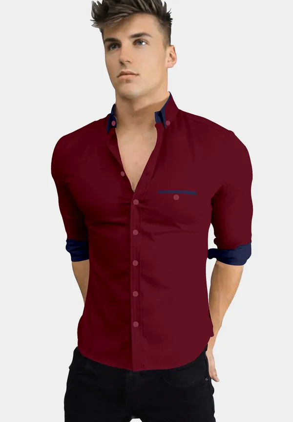 Maroon_Cotton_Blend_Regular_Fit_Full_Sleeve_Solid_Long_Shirt_For_Men