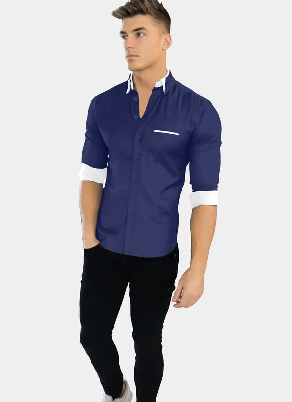 Dark_Blue_Cotton_Blend_Regular_Fit_Full_Sleeve_Solid_Long_Shirt_For_Men