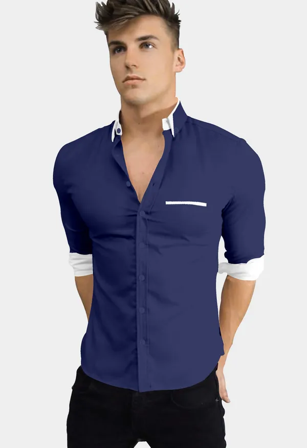 Dark_Blue_Cotton_Blend_Regular_Fit_Full_Sleeve_Solid_Long_Shirt_For_Men