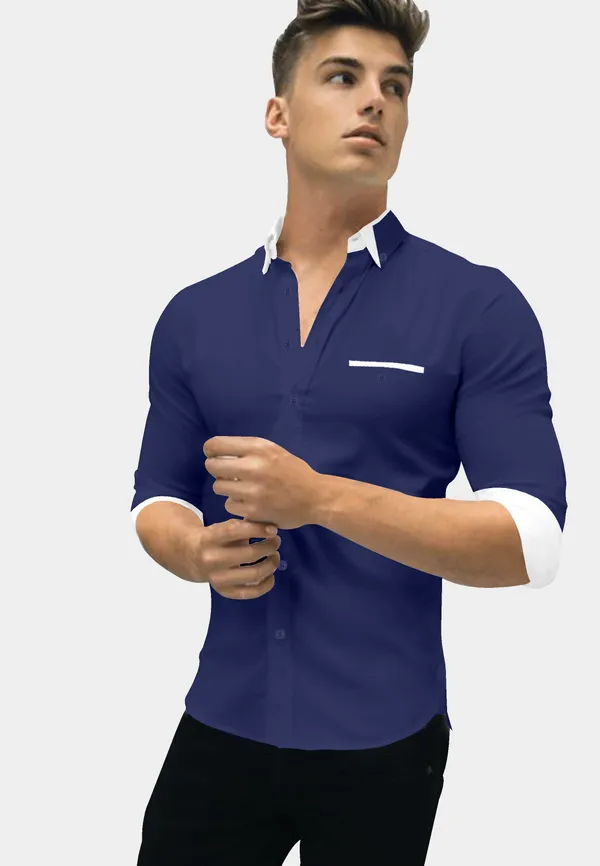 Dark_Blue_Cotton_Blend_Regular_Fit_Full_Sleeve_Solid_Long_Shirt_For_Men