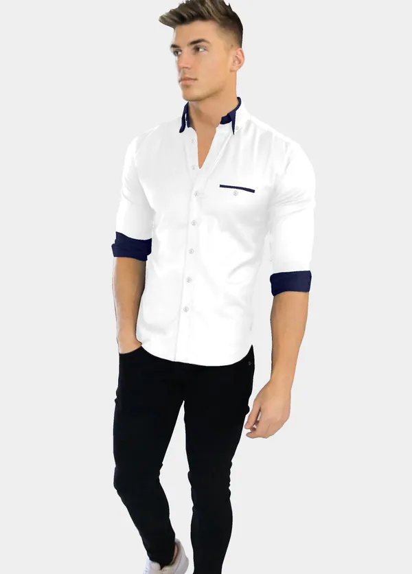 White_Cotton_Blend_Regular_Fit_Full_Sleeve_Solid_Long_Shirt_For_Men