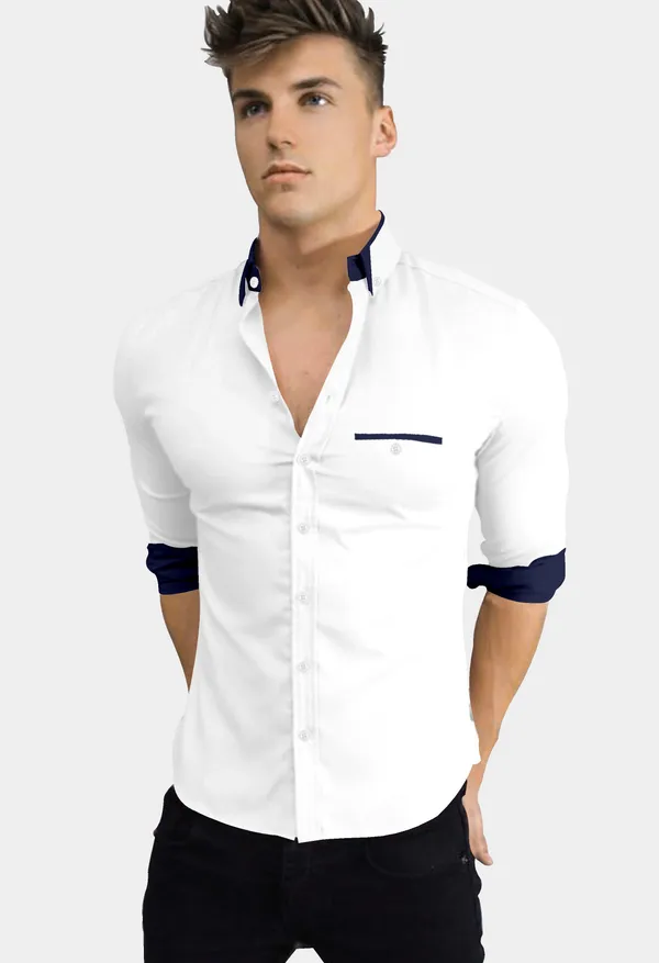 White_Cotton_Blend_Regular_Fit_Full_Sleeve_Solid_Long_Shirt_For_Men