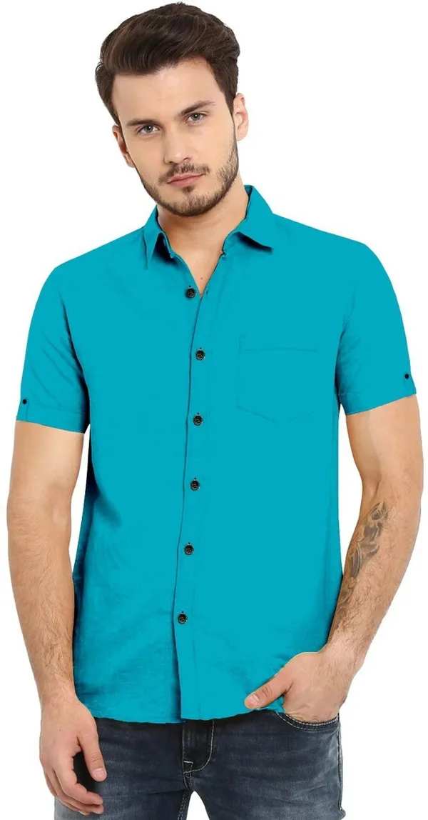 Firozi_Cotton_Blend_Slim_Fit_Short_Sleeve_Solid_Hip_Length_Shirt_For_Men