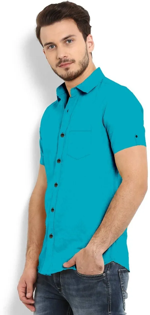 Firozi_Cotton_Blend_Slim_Fit_Short_Sleeve_Solid_Hip_Length_Shirt_For_Men