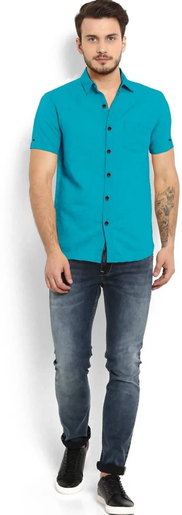 Firozi_Cotton_Blend_Slim_Fit_Short_Sleeve_Solid_Hip_Length_Shirt_For_Men