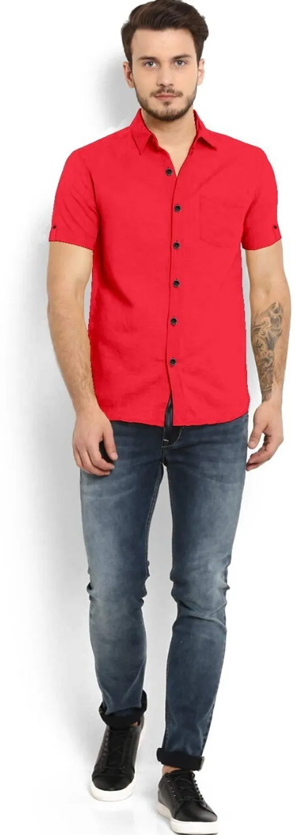 Pink_Cotton_Blend_Slim_Fit_Short_Sleeve_Solid_Hip_Length_Shirt_For_Men