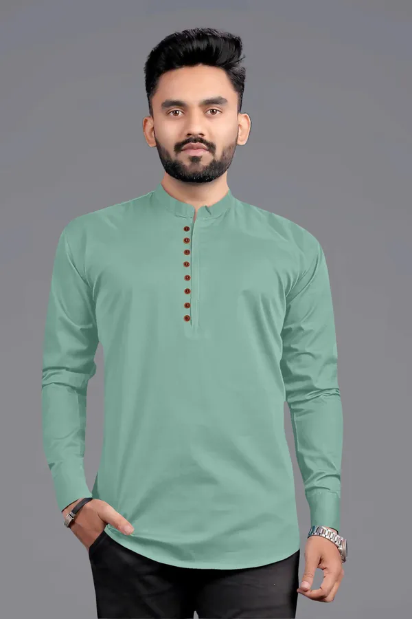 Light_Green_Cotton_Blend_Mandarin|Chinese_Neck_Full_Sleeve_Short_Solid_Shirt_Style_Straight_Kurta_For_Men