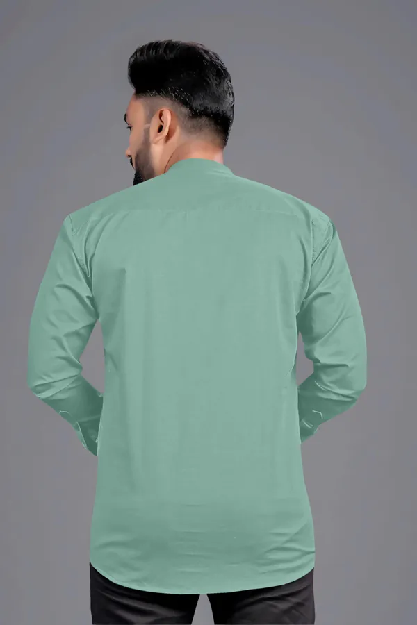 Light_Green_Cotton_Blend_Mandarin|Chinese_Neck_Full_Sleeve_Short_Solid_Shirt_Style_Straight_Kurta_For_Men