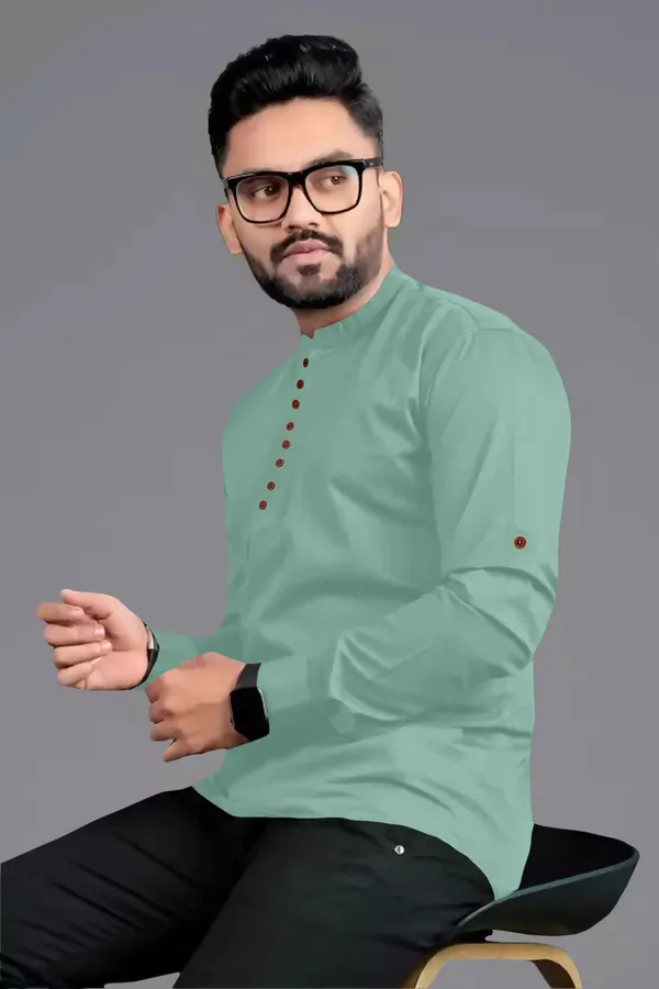 Light_Green_Cotton_Blend_Mandarin|Chinese_Neck_Full_Sleeve_Short_Solid_Shirt_Style_Straight_Kurta_For_Men