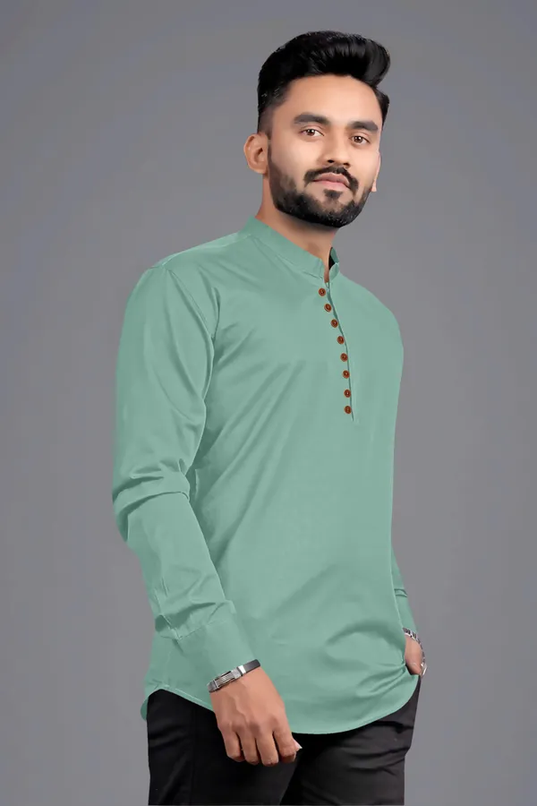 Light_Green_Cotton_Blend_Mandarin|Chinese_Neck_Full_Sleeve_Short_Solid_Shirt_Style_Straight_Kurta_For_Men