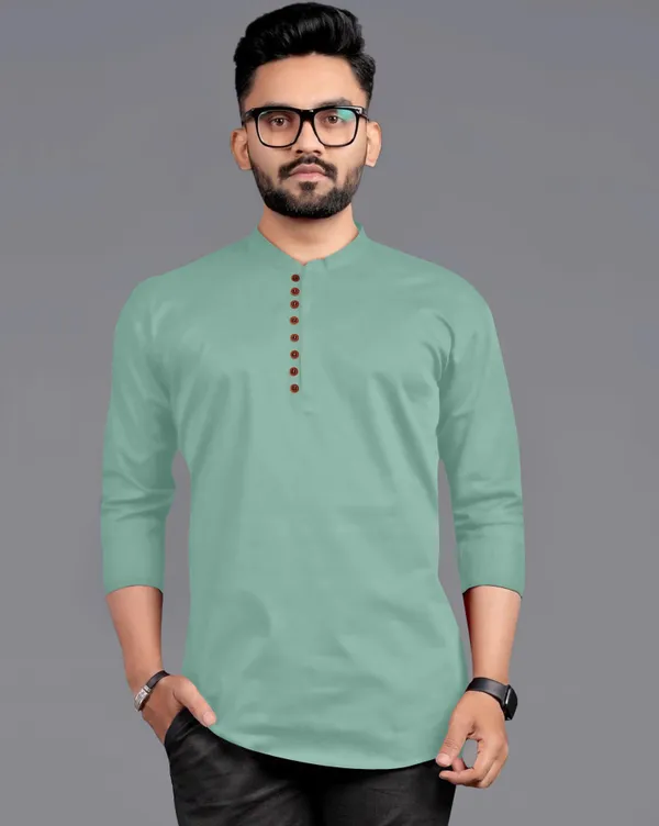 Light_Green_Cotton_Blend_Mandarin|Chinese_Neck_Full_Sleeve_Short_Solid_Shirt_Style_Straight_Kurta_For_Men
