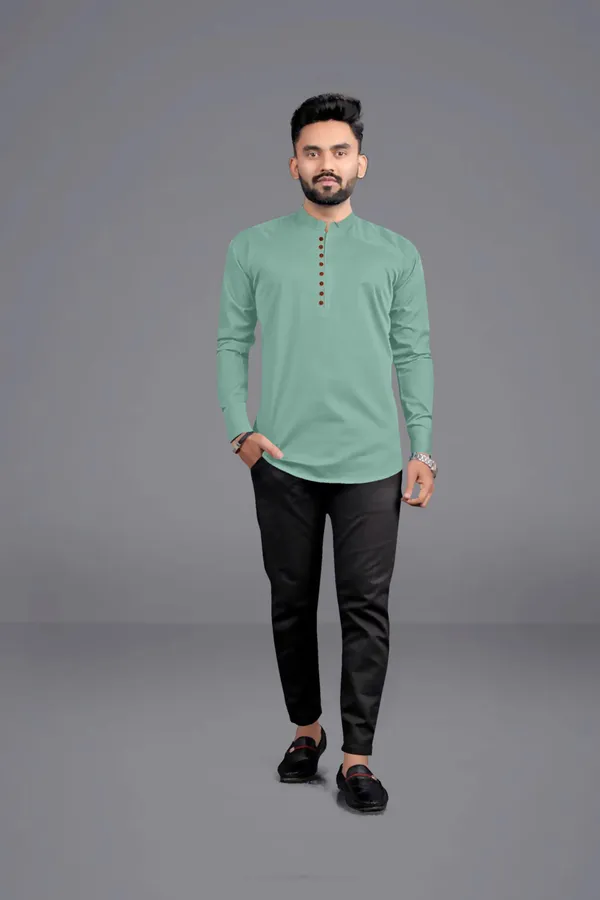 Light_Green_Cotton_Blend_Mandarin|Chinese_Neck_Full_Sleeve_Short_Solid_Shirt_Style_Straight_Kurta_For_Men
