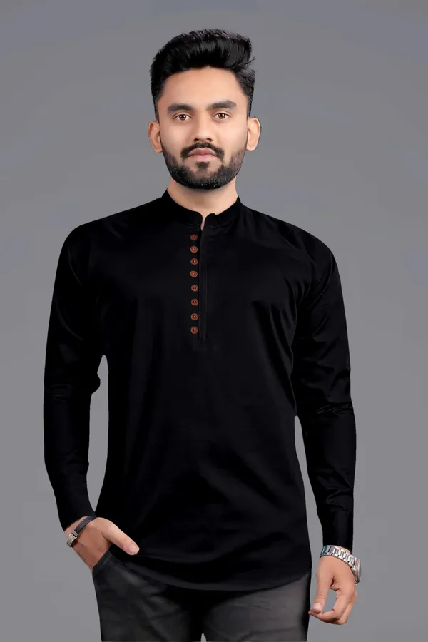 Black_Cotton_Blend_Mandarin|Chinese_Neck_Full_Sleeve_Hip_Length_Solid_Shirt_Style_Straight_Kurta_For_Men