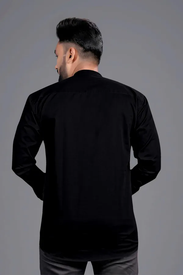 Black_Cotton_Blend_Mandarin|Chinese_Neck_Full_Sleeve_Hip_Length_Solid_Shirt_Style_Straight_Kurta_For_Men