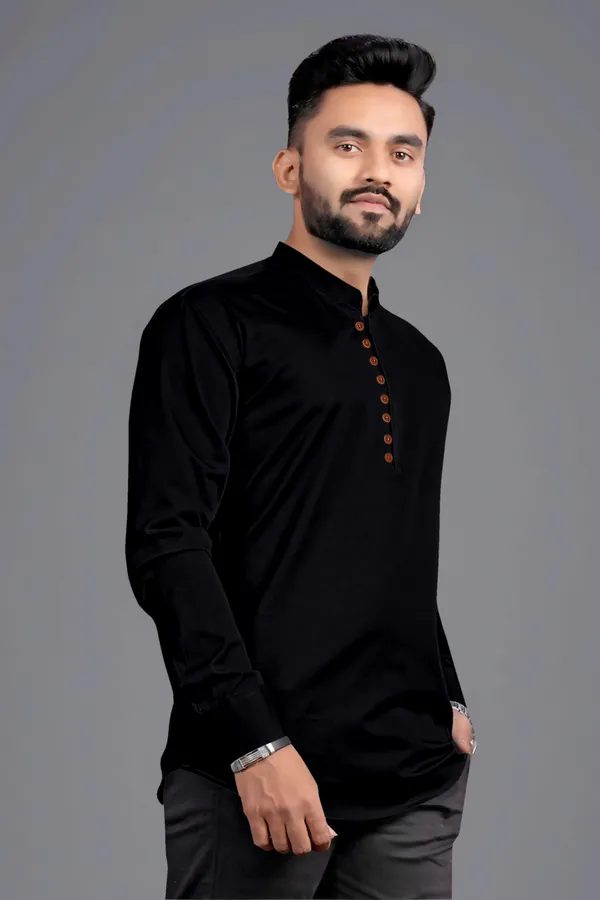 Black_Cotton_Blend_Mandarin|Chinese_Neck_Full_Sleeve_Hip_Length_Solid_Shirt_Style_Straight_Kurta_For_Men