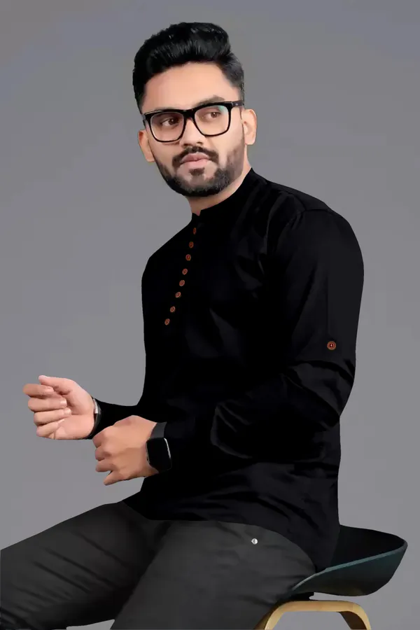 Black_Cotton_Blend_Mandarin|Chinese_Neck_Full_Sleeve_Hip_Length_Solid_Shirt_Style_Straight_Kurta_For_Men