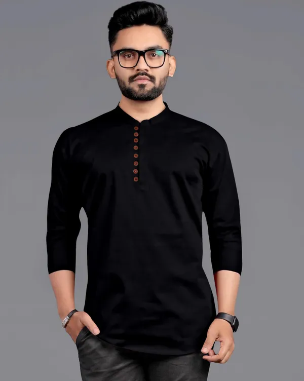 Black_Cotton_Blend_Mandarin|Chinese_Neck_Full_Sleeve_Hip_Length_Solid_Shirt_Style_Straight_Kurta_For_Men