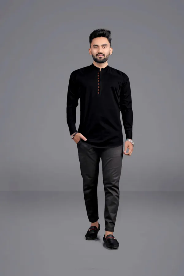 Black_Cotton_Blend_Mandarin|Chinese_Neck_Full_Sleeve_Hip_Length_Solid_Shirt_Style_Straight_Kurta_For_Men