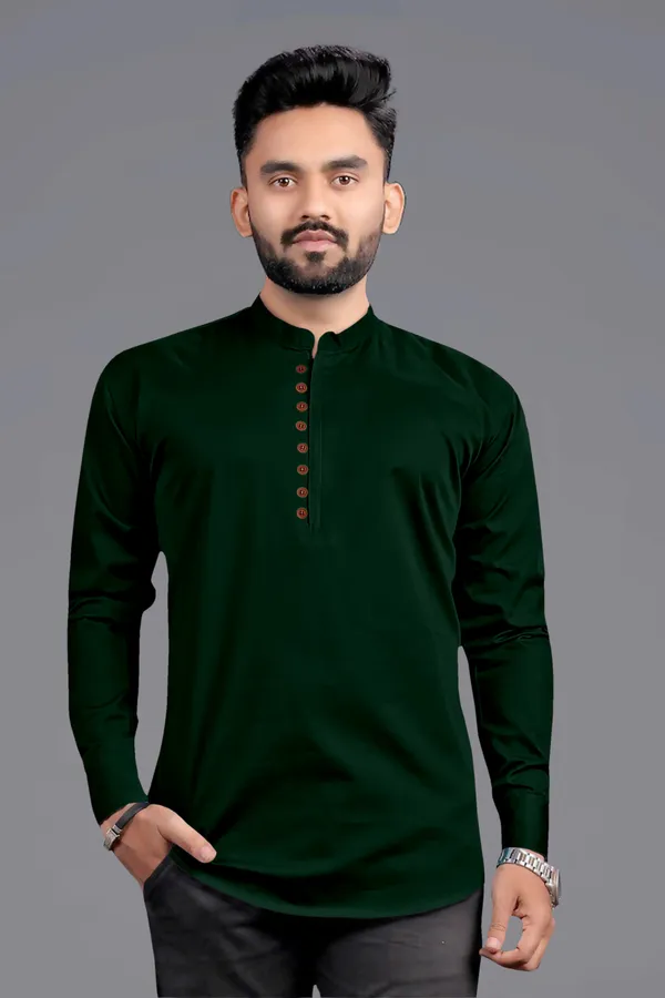 Dark_Green_Cotton_Blend_Mandarin|Chinese_Neck_Full_Sleeve_Short_Solid_Shirt_Style_Straight_Kurta_For_Men