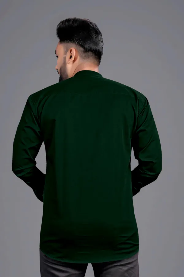 Dark_Green_Cotton_Blend_Mandarin|Chinese_Neck_Full_Sleeve_Short_Solid_Shirt_Style_Straight_Kurta_For_Men