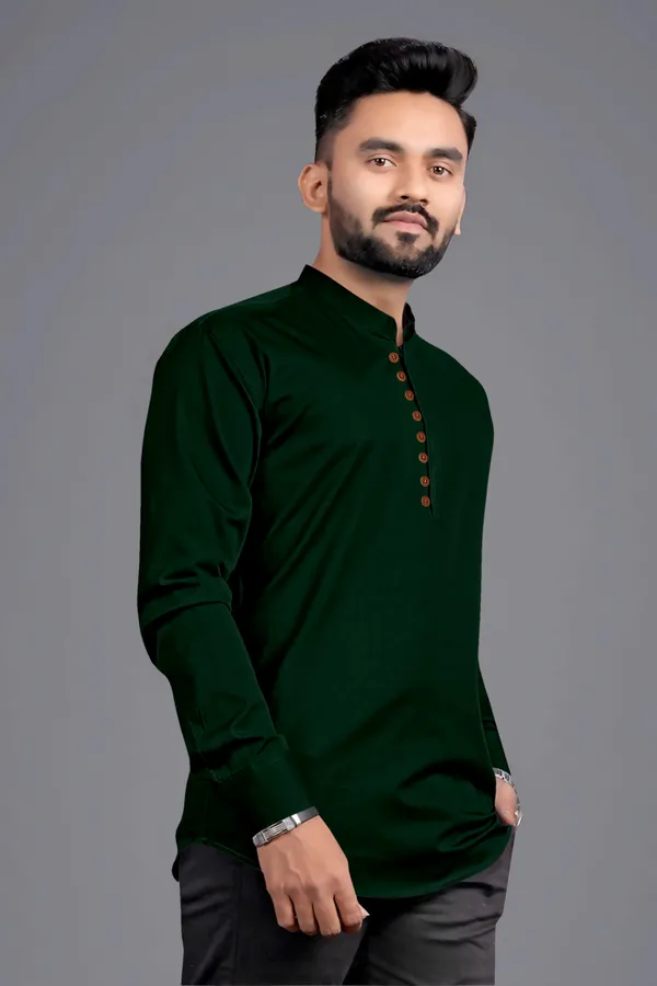 Dark_Green_Cotton_Blend_Mandarin|Chinese_Neck_Full_Sleeve_Short_Solid_Shirt_Style_Straight_Kurta_For_Men