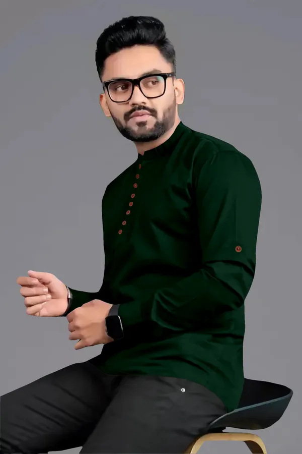 Dark_Green_Cotton_Blend_Mandarin|Chinese_Neck_Full_Sleeve_Short_Solid_Shirt_Style_Straight_Kurta_For_Men
