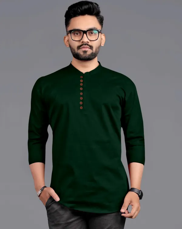 Dark_Green_Cotton_Blend_Mandarin|Chinese_Neck_Full_Sleeve_Short_Solid_Shirt_Style_Straight_Kurta_For_Men