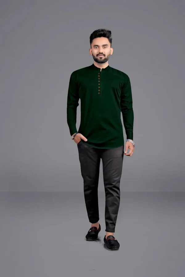 Dark_Green_Cotton_Blend_Mandarin|Chinese_Neck_Full_Sleeve_Short_Solid_Shirt_Style_Straight_Kurta_For_Men