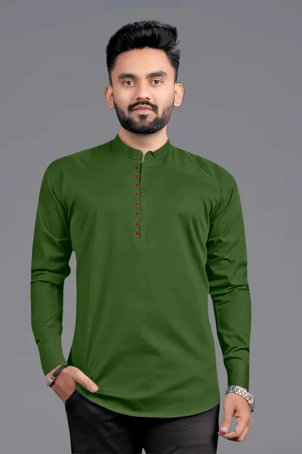 Green_Cotton_Blend_Mandarin|Chinese_Neck_Full_Sleeve_Hip_Length_Solid_Shirt_Style_Straight_Kurta_For_Men