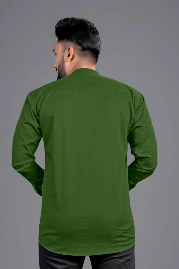 Green_Cotton_Blend_Mandarin|Chinese_Neck_Full_Sleeve_Hip_Length_Solid_Shirt_Style_Straight_Kurta_For_Men