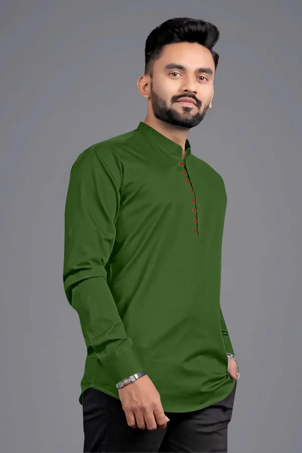 Green_Cotton_Blend_Mandarin|Chinese_Neck_Full_Sleeve_Hip_Length_Solid_Shirt_Style_Straight_Kurta_For_Men