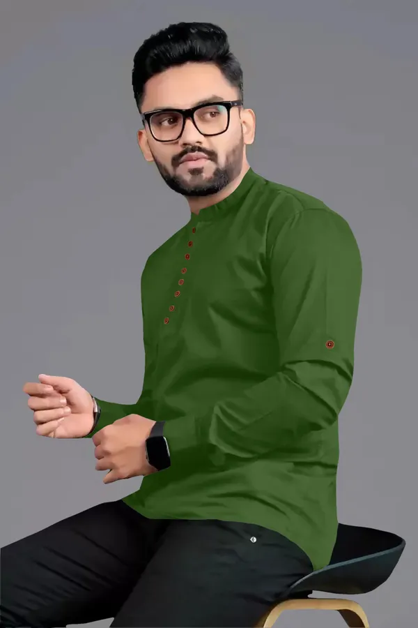 Green_Cotton_Blend_Mandarin|Chinese_Neck_Full_Sleeve_Hip_Length_Solid_Shirt_Style_Straight_Kurta_For_Men