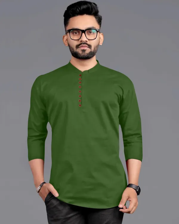 Green_Cotton_Blend_Mandarin|Chinese_Neck_Full_Sleeve_Hip_Length_Solid_Shirt_Style_Straight_Kurta_For_Men