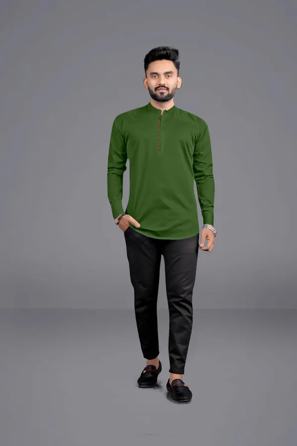 Green_Cotton_Blend_Mandarin|Chinese_Neck_Full_Sleeve_Hip_Length_Solid_Shirt_Style_Straight_Kurta_For_Men