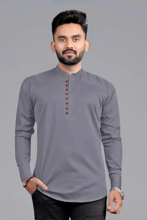Grey_Cotton_Blend_Mandarin|Chinese_Neck_Full_Sleeve_Hip_Length_Solid_Shirt_Style_Straight_Kurta_For_Men
