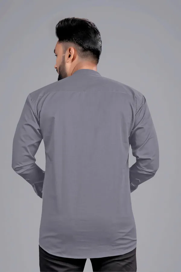 Grey_Cotton_Blend_Mandarin|Chinese_Neck_Full_Sleeve_Hip_Length_Solid_Shirt_Style_Straight_Kurta_For_Men